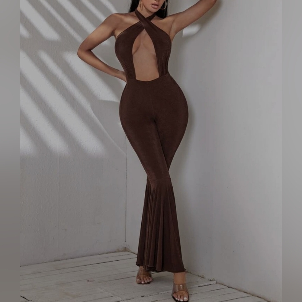 Crisscross Tie Backless Flare Leg Halter Jumpsuit
